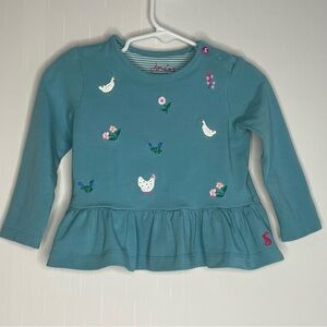 Joules Embroidered Blue Ducks Peplum Stretch Top Floral Chickens 9-12M